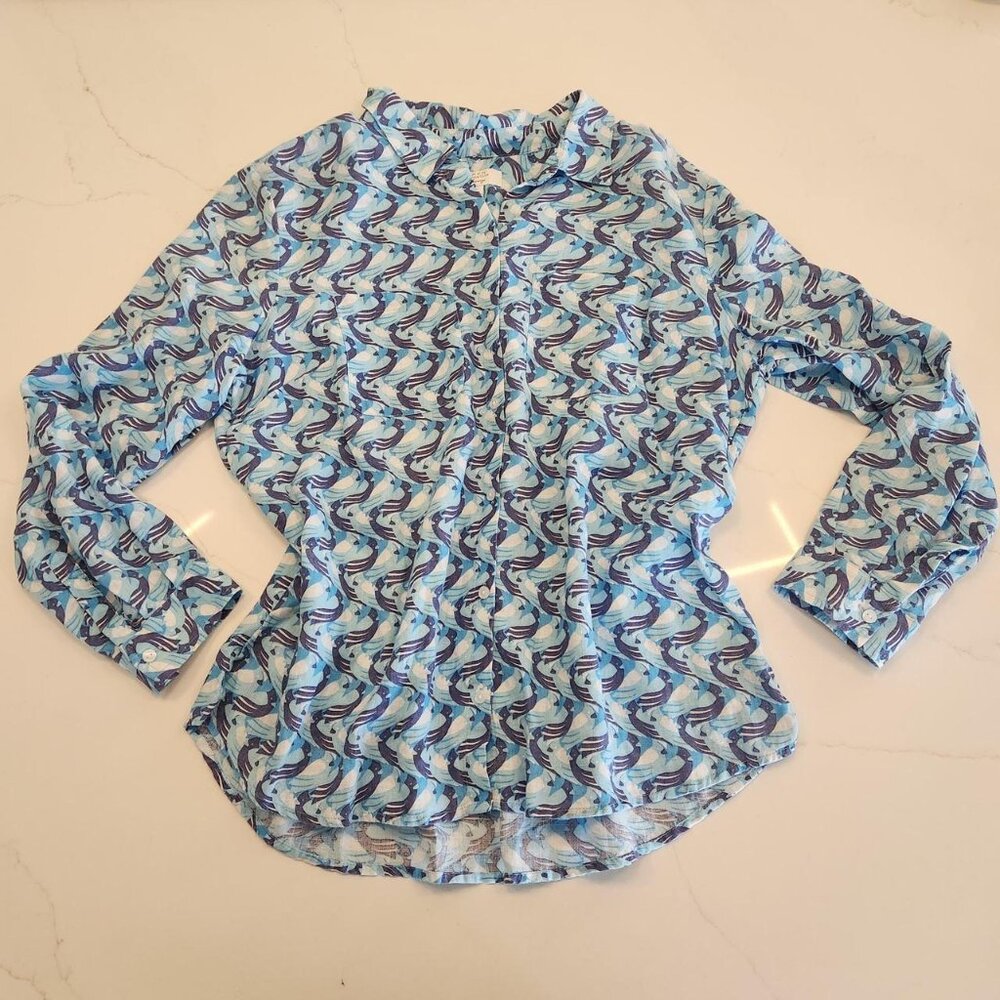 Charter Club Linen Sz Petite XL Top Women Birdseye AOP Coastal Button Blue